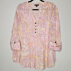 Cocomo Womens 2X Pink‎ Paisley Floral Pintuck Tunic Blouse Boho Beachy Top